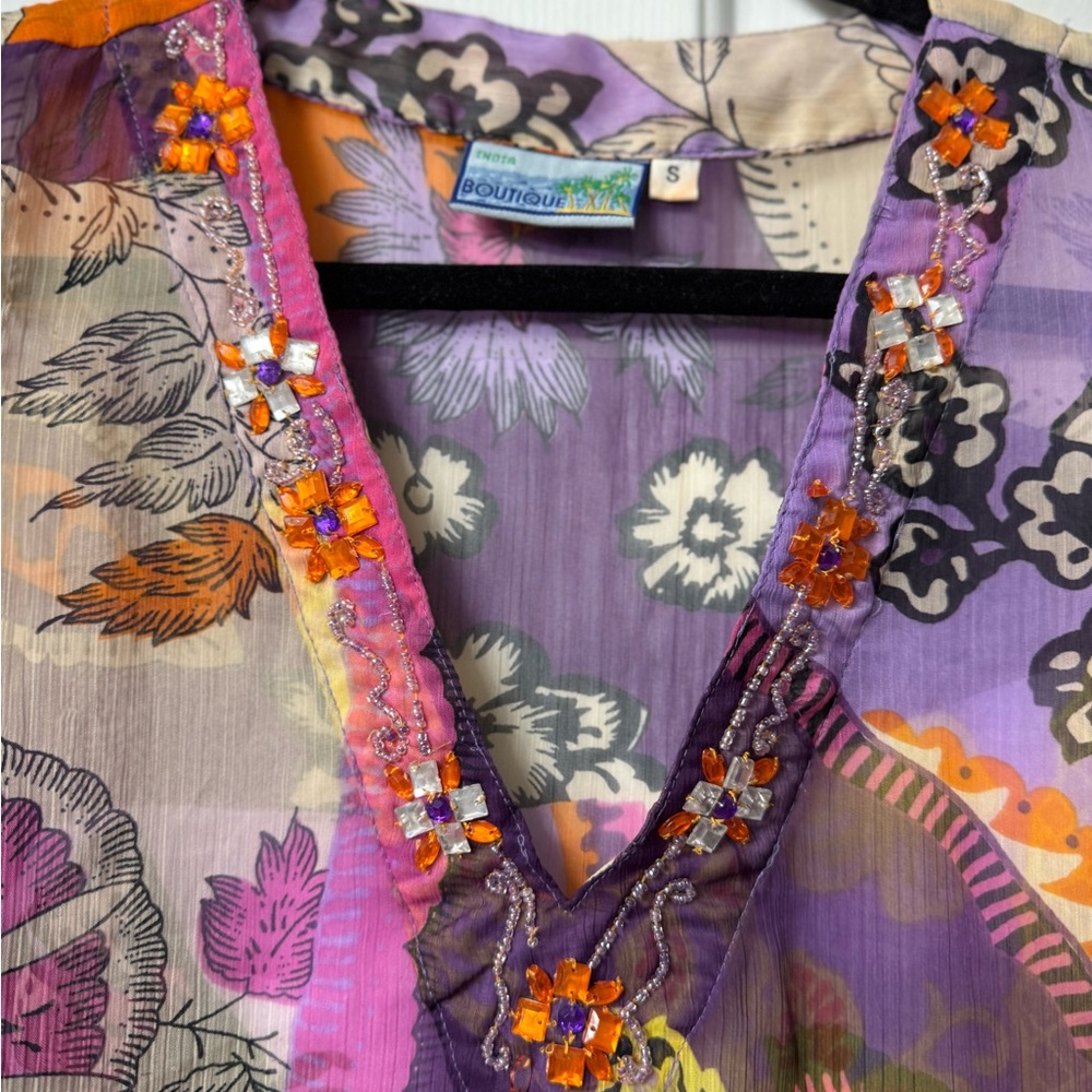 India boutique cover-up, S, orange, purple and yellow, very sheer, NWOT - Picture 4 of 11